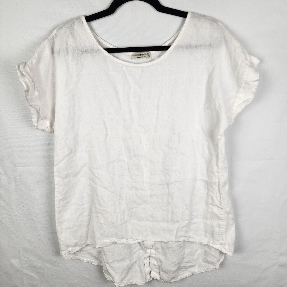Terzo Millennio White 100% Linen High Low Button Back Tunic Size Small Lagenlook